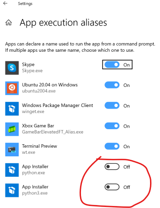 screenshot of Manage App Execution Aliases window